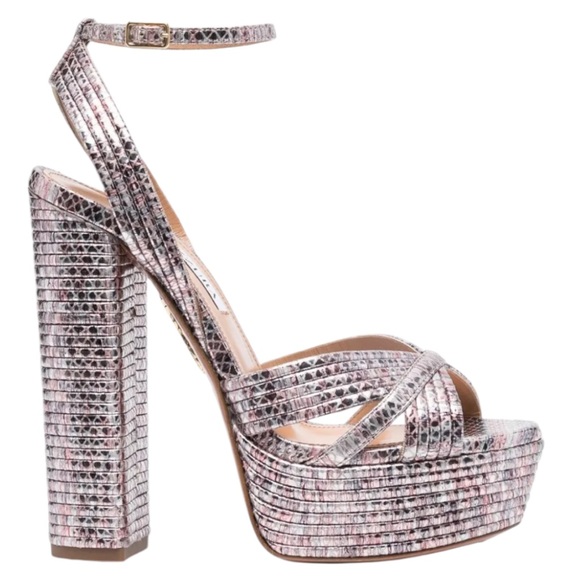 Aquazzura Sundance Plateau 140 Metal Stripe Snake Rose Quartz/Grey